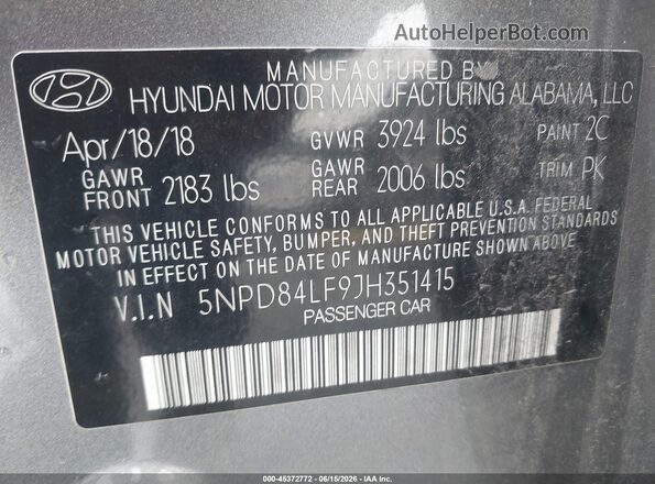 5NPD84LF9JH351415 2018 HYUNDAI ELANTRA Gray ძრავის განყოფილების ხედი