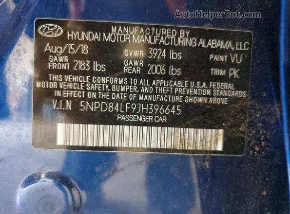 5NPD84LF9JH396645 2018 HYUNDAI ELANTRA Blue Вид підкапотного простору