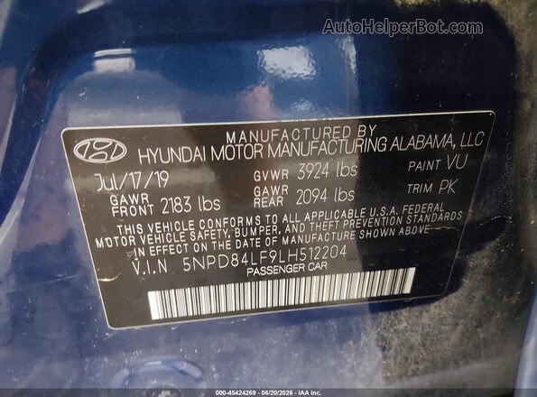 5NPD84LF9LH512204 2020 HYUNDAI ELANTRA Blue Widok komory silnika