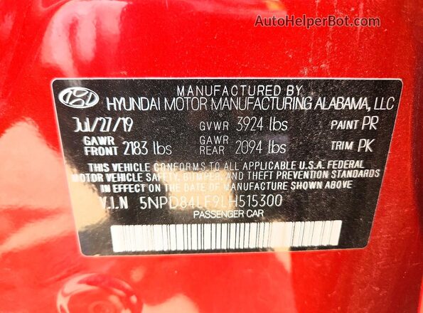 5NPD84LF9LH515300 2020 HYUNDAI ELANTRA Красный Вид наклейки с VIN-кодом