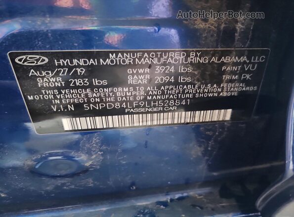 5NPD84LF9LH528841 2020 HYUNDAI ELANTRA Blue 