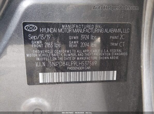 5NPD84LF9LH537569 2020 HYUNDAI ELANTRA Gray Շարժիչի բաժամունքի տեսք