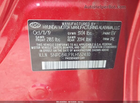 5NPD84LF9LH552430 2020 HYUNDAI ELANTRA Red Widok komory silnika