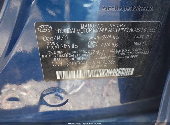 5NPD84LF9LH575285 2020 HYUNDAI ELANTRA Blue Вид підкапотного простору