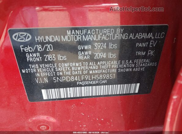 5NPD84LF9LH589851 2020 HYUNDAI ELANTRA Red ძრავის განყოფილების ხედი