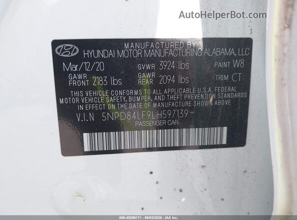 5NPD84LF9LH597139 2020 HYUNDAI ELANTRA White Widok komory silnika