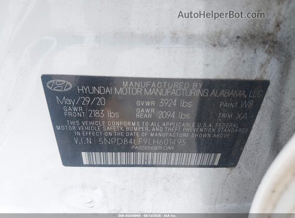 5NPD84LF9LH601495 2020 HYUNDAI ELANTRA White ძრავის განყოფილების ხედი