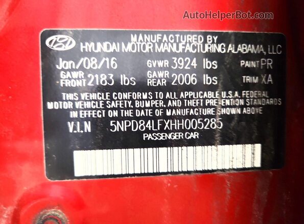 5NPD84LFXHH005285 2017 HYUNDAI ELANTRA Red ძრავის განყოფილების ხედი
