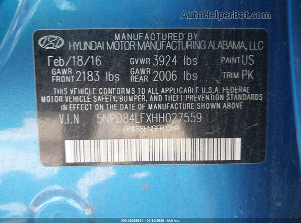 5NPD84LFXHH027559 2017 HYUNDAI ELANTRA Blue Vista del compartimento del motor