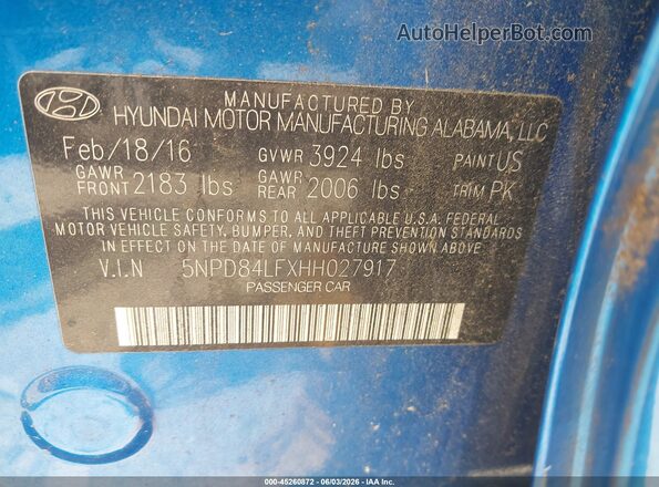 5NPD84LFXHH027917 2017 HYUNDAI ELANTRA Blue ძრავის განყოფილების ხედი