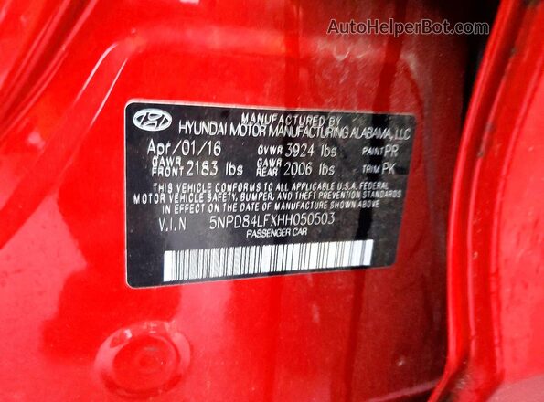 5NPD84LFXHH050503 2017 HYUNDAI ELANTRA Red 