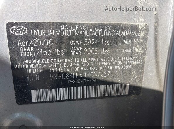 5NPD84LFXHH067267 2017 HYUNDAI ELANTRA Silver Engine compartment view