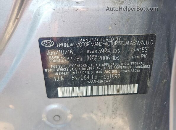 5NPD84LFXHH091892 2017 HYUNDAI ELANTRA Silver 
