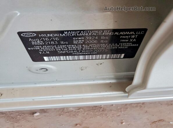 5NPD84LFXHH120775 2017 HYUNDAI ELANTRA Silver VIN կոդի պիտակի տեսք