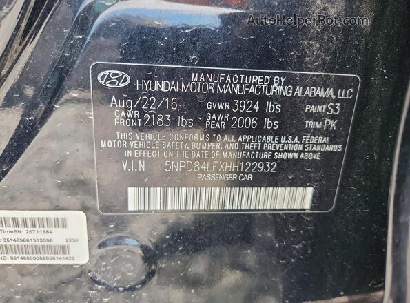 5NPD84LFXHH122932 2017 HYUNDAI ELANTRA Black 