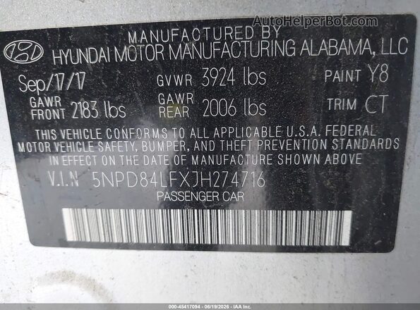 5NPD84LFXJH274716 2018 HYUNDAI ELANTRA Серый Вид подкапотного пространства