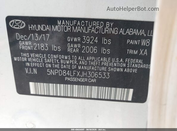 5NPD84LFXJH306533 2018 HYUNDAI ELANTRA White Вид підкапотного простору