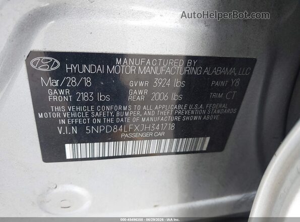 5NPD84LFXJH341718 2018 HYUNDAI ELANTRA Silver Vista del compartimento del motor