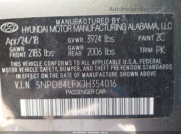 5NPD84LFXJH354016 2018 HYUNDAI ELANTRA Gray ძრავის განყოფილების ხედი