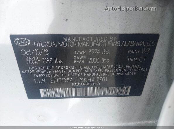 5NPD84LFXKH417701 2019 HYUNDAI ELANTRA White Вид підкапотного простору