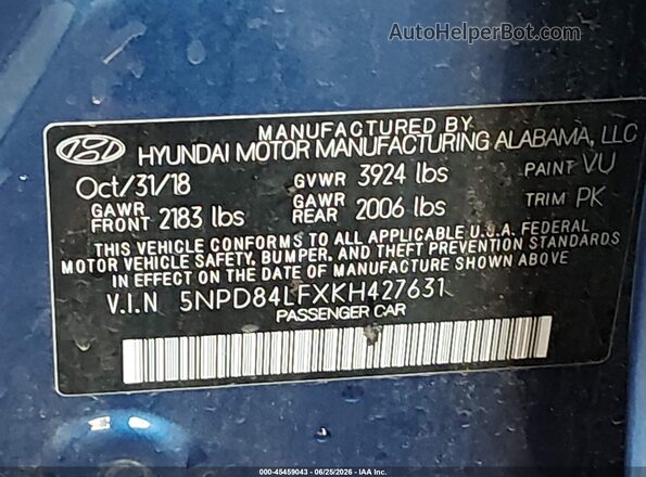 5NPD84LFXKH427631 2019 HYUNDAI ELANTRA Blue Engine compartment view