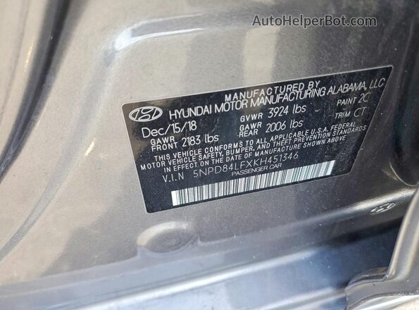 5NPD84LFXKH451346 2019 HYUNDAI ELANTRA Gray 
