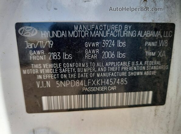 5NPD84LFXKH457485 2019 HYUNDAI ELANTRA White Widok naklejki z numerem VIN
