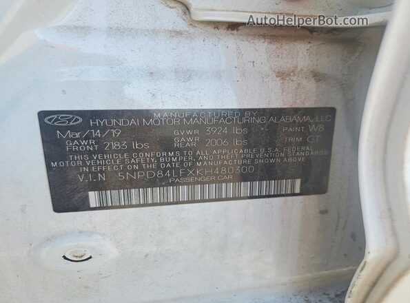 5NPD84LFXKH480300 2019 HYUNDAI ELANTRA White 