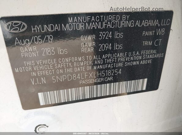 5NPD84LFXLH518254 2020 HYUNDAI ELANTRA White ძრავის განყოფილების ხედი