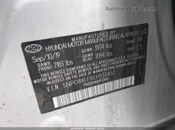 5NPD84LFXLH535457 2020 HYUNDAI ELANTRA Silver Շարժիչի բաժամունքի տեսք