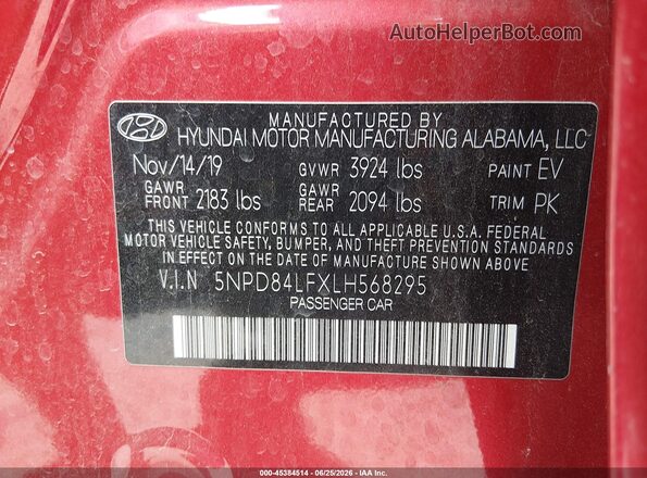 5NPD84LFXLH568295 2020 HYUNDAI ELANTRA Red Vista del compartimento del motor