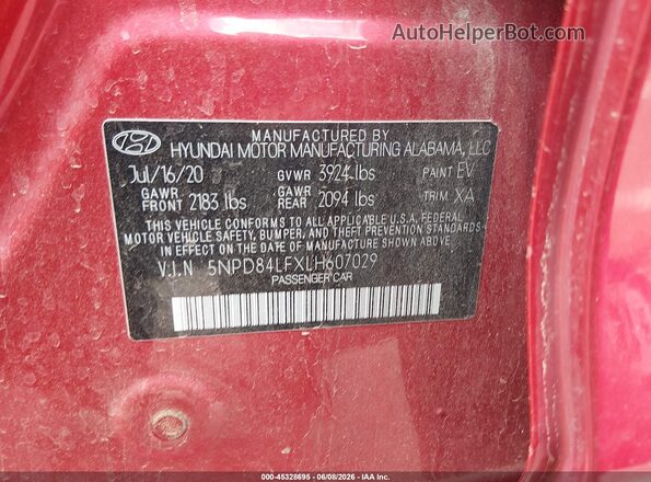 5NPD84LFXLH607029 2020 HYUNDAI ELANTRA Red Շարժիչի բաժամունքի տեսք