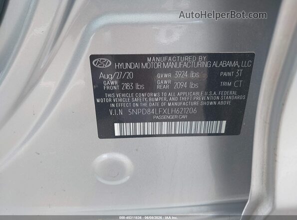 5NPD84LFXLH621206 2020 HYUNDAI ELANTRA Silver Vista del compartimento del motor