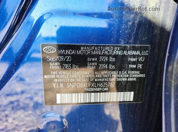 5NPD84LFXLH625787 2020 HYUNDAI ELANTRA Blue Widok komory silnika
