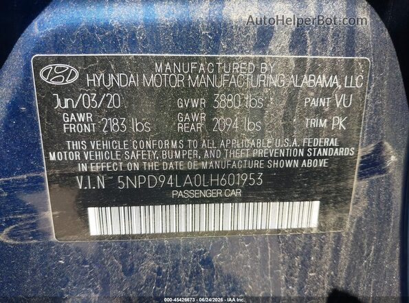 5NPD94LA0LH601953 2020 HYUNDAI ELANTRA Blue Вид підкапотного простору