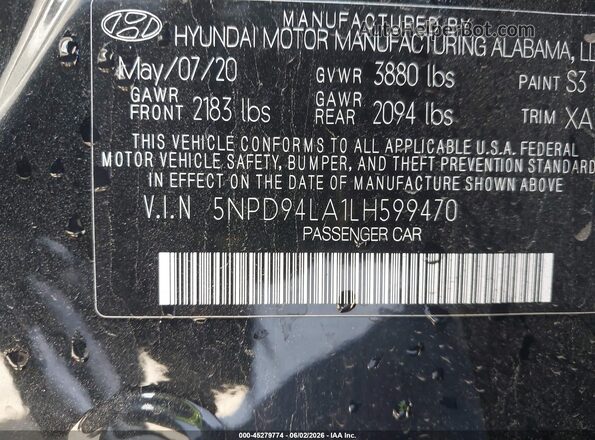 5NPD94LA1LH599470 2020 HYUNDAI ELANTRA Black Engine compartment view