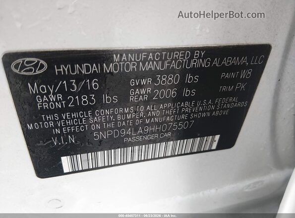 5NPD94LA9HH075507 2017 HYUNDAI ELANTRA White Շարժիչի բաժամունքի տեսք