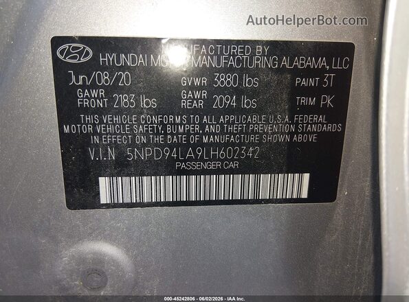 5NPD94LA9LH602342 2020 HYUNDAI ELANTRA Серебряный Вид подкапотного пространства