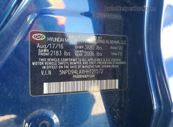 5NPD94LAXHH121572 2017 HYUNDAI ELANTRA Blue Widok komory silnika