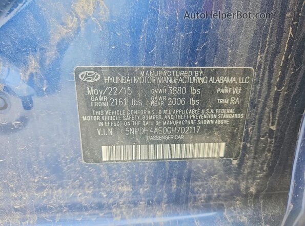 5NPDH4AE0GH702117 2016 HYUNDAI ELANTRA Blue Вид підкапотного простору