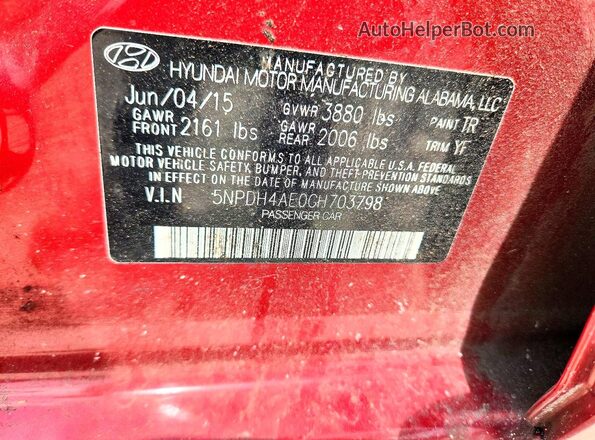 5NPDH4AE0GH703798 2016 HYUNDAI ELANTRA Red 