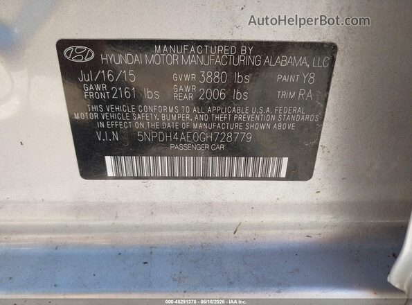 5NPDH4AE0GH728779 2016 HYUNDAI ELANTRA Silver Շարժիչի բաժամունքի տեսք