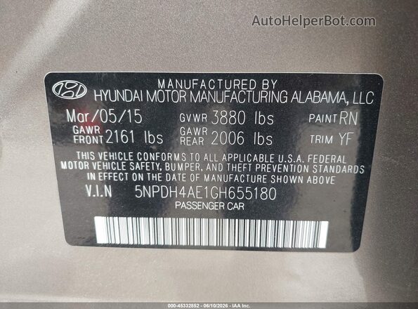 5NPDH4AE1GH655180 2016 HYUNDAI ELANTRA Желто-коричневый Вид подкапотного пространства
