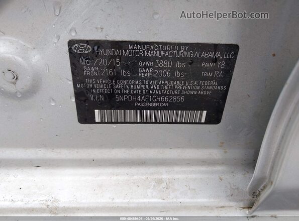 5NPDH4AE1GH662856 2016 HYUNDAI ELANTRA Silver Շարժիչի բաժամունքի տեսք