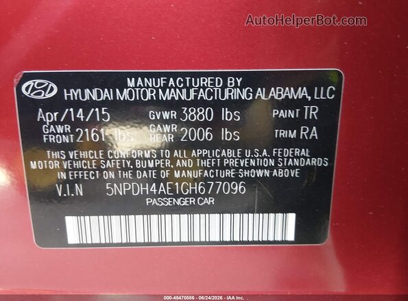 5NPDH4AE1GH677096 2016 HYUNDAI ELANTRA Red Widok komory silnika