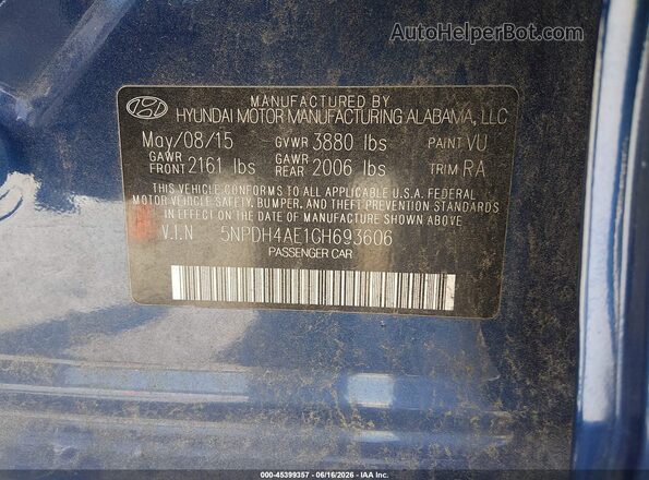 5NPDH4AE1GH693606 2016 HYUNDAI ELANTRA Blue Շարժիչի բաժամունքի տեսք
