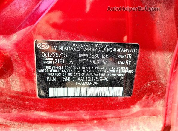 5NPDH4AE1GH783290 2016 HYUNDAI ELANTRA Красный Вид подкапотного пространства