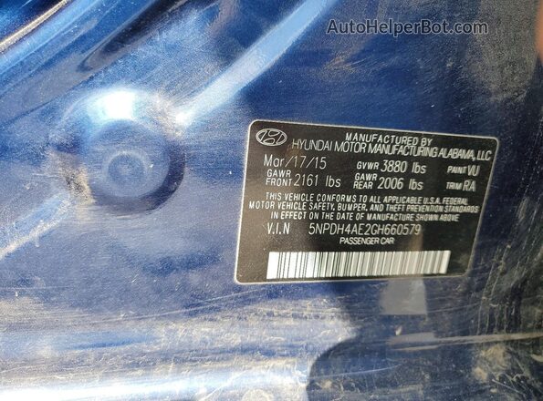 5NPDH4AE2GH660579 2016 HYUNDAI ELANTRA Blue Вид наклейки з VIN-кодом
