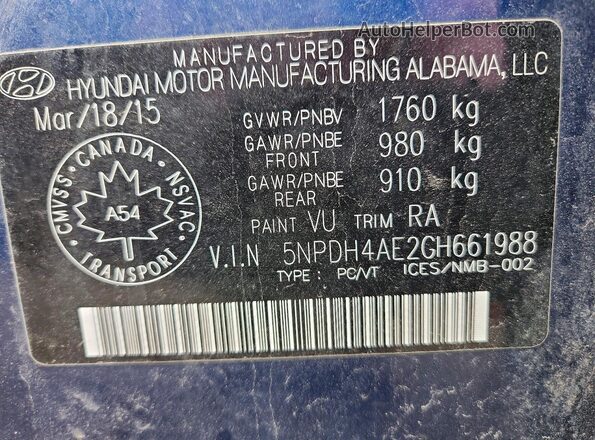 5NPDH4AE2GH661988 2016 HYUNDAI ELANTRA Blue 
