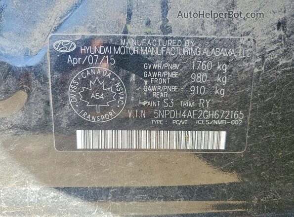 5NPDH4AE2GH672165 2016 HYUNDAI ELANTRA Black 